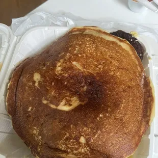 Pancakes, plant Based Sausage, scrambled eggs with cheese