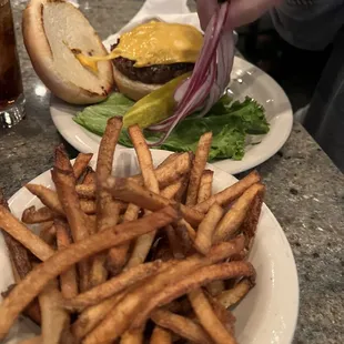 Homemade fries and cheeseburger