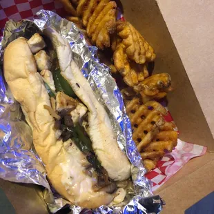 Grilled chicken philly with seasoned waffle fries! Awesome!!!