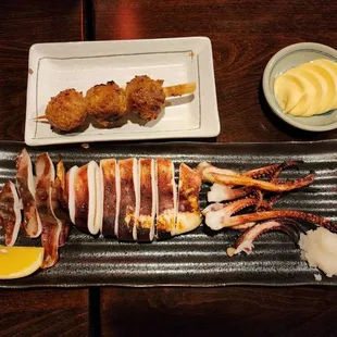 Grilled squid  Chicken meatball
