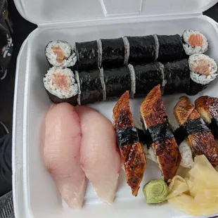 Salmon and spicy tuna rolls. Hamachi and Unagi nigiri