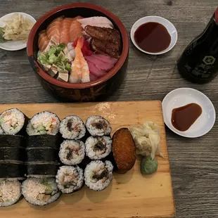 chirashi bowl, california roll, eel roll, ikura