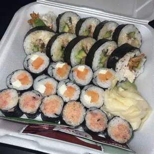 Top: Dragon roll Middle: Salmon roll, add cream cheese Bottom: Spicy tuna roll  + extra ginger!