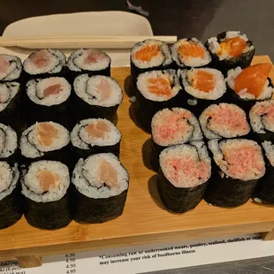 Yellowtail (Hamachi), Albacore, Spicy salmon, Spicy tuna