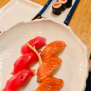 Tuna, salmon, tuna roll