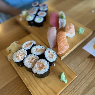 Spicy salmon roll ($6) and Lunch Nigiri Special ($15)