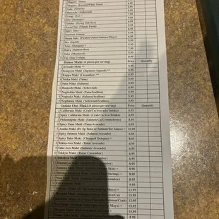 Sushi selection sheet