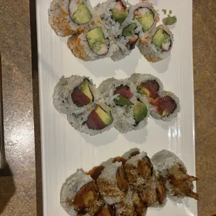California roll, tuna roll, shrimp tempura