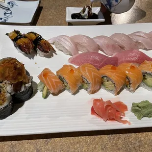 Spider roll, Musasi roll, unagi, hamachi, and toro