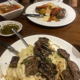 Filet tips Gorgonzola pasta dish and Italian steak