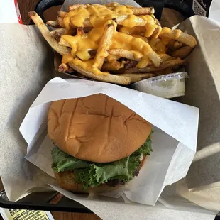 Single burger with cheese fries