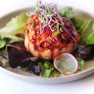 alaskan mix- crab mixed wrapped with fresh salmon, baked, unagi sauce, scallions, and sesame seeds.