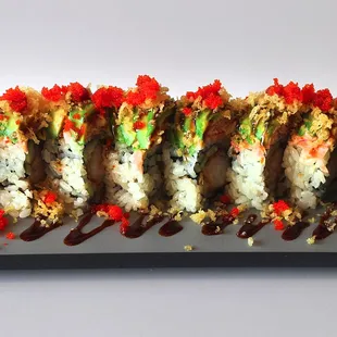 rock-n-roll- NORI - tempura shrimp - crab mix - cucumbers - masago - avocado - crunchy - unagi sauce - spicy mayo - sriracha.