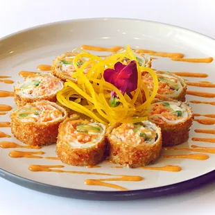sunshine roll- SOY - calamari - crab mix - avocado - cream cheese -jalapeños - panko - spicy mayo.
