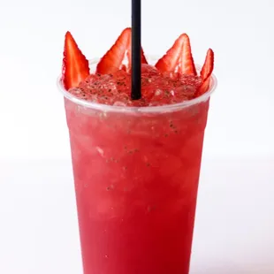 lychee berry tea- jasmine tea with fresh strawberry and lychee puree, chia seeds.