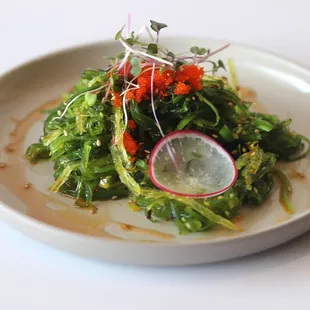 seaweed salad- cold seaweed, chili oil, masago, and sesame seeds.
