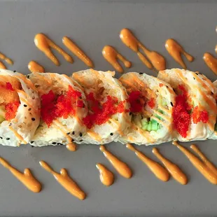 shrimp tempura roll- SOY - tempura shrimp - cucumbers - avocado - masago - spicy mayo.