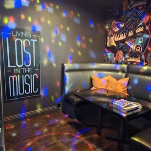 a living room with a lot of music