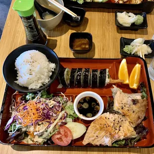 Salmon collar with shrimp tempura cut roll, so moist and yummy