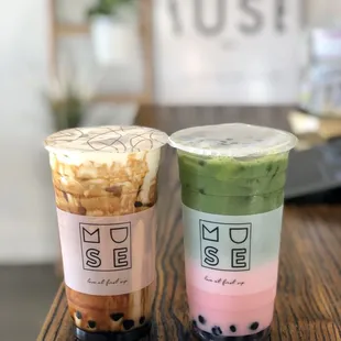 Brown sugar milk tea with honey boba, pink (strawberry milk) matcha with honey boba