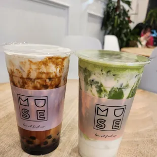 Brown sugar milk tea and guava matcha