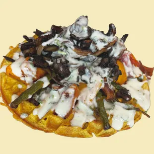 Falafel Waffle
Optional Roasted Veggies
Optional tzatziki sauce
