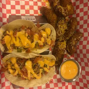 Brisket Tacos, Avocado Fries
