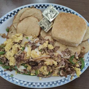 Philly scrambler with home fries and biscuit