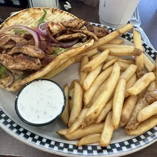 Chicken pita with a side of fries