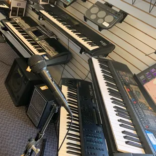 Keyboards, drum machines, PA equipment.
