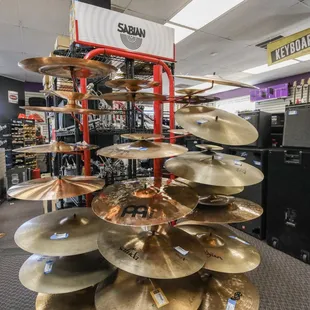 Cymbals, hardware, hand percussion, always a good variety of used percussion goods.