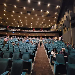 Main aisle very steep. Stumble/fall if  in rush to get out. Note exit upper right corner of photo. Another one to right of photo.