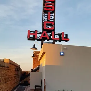 Music Hall tower sign