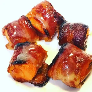 Funky Monks -  Bacon wrapped Sweet Potato bites, drizzled with a homemade Marshmallow, Bourbon glaze
