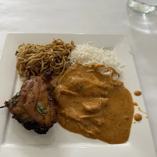 Butter Chicken, Chicken Tikka and Steamed Rice