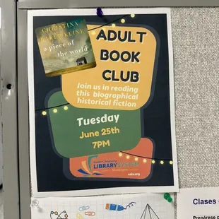 Notice board in entrance that advertises events! Upcoming book club!