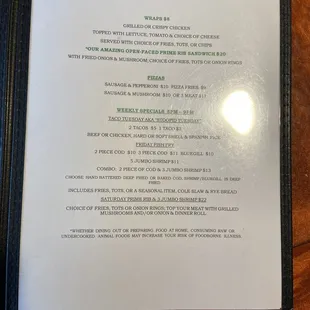 Wraps, pizza, and specials