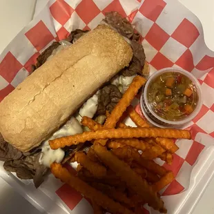 Our yummy Italian beef with sweet potato fries!  We can do to go orders. Just give us a call.