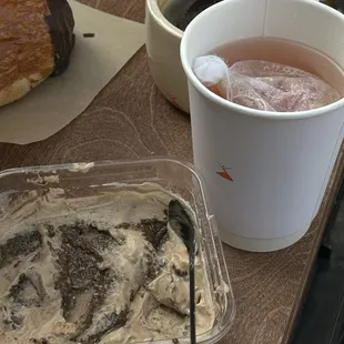 Rose tea, tiramisu chia seeds, vegan chocolate croissant, americano