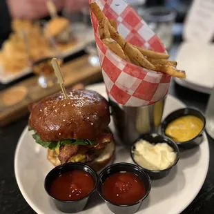 Bacon cheeseburger and fries