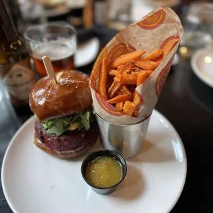 Beets burger with sweet potato fries