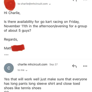 Email correspondence with the owner confirming availability.