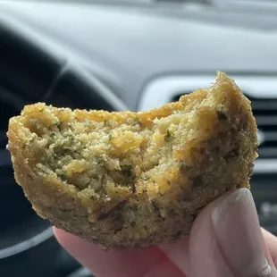 Falafel lightly crunchy on the outside and moist on the inside.