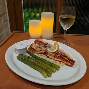 Trout Almondine with spaghetti and your choice of side.