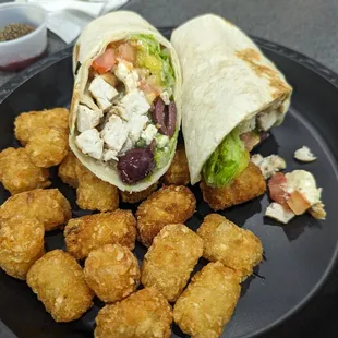 Greek chicken wrap with tater tots (~$11)