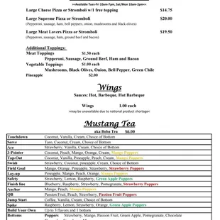 Menu: pizza/stromboli, wings, Mustang Tea