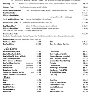 Menu: NM specialties, ala-carte, sides