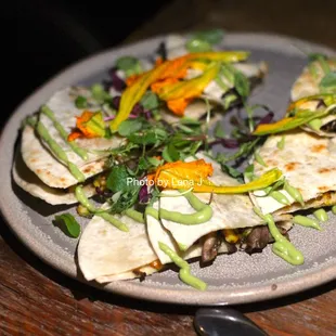 2 Orders of Vegetable Queso Taco ($24) - requested vegan. Wild mushrooms, roasted corn, squash blossom, whipped avocado