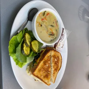 Grilled cheese and a side of Thai coconut soup. The homemade bread n butter pickles were amazing!