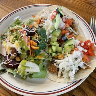 Our menu changes daily to steward our donations! Our Fiesta Fridays provide a healthy, delicious option-like this taco plate with salad!